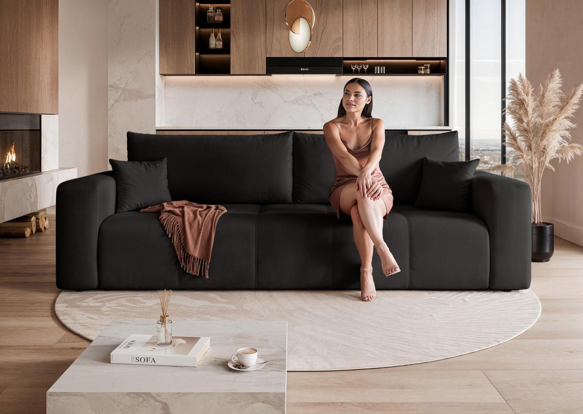 SCHLAFSOFA Velours mit Bettkasten und Schlaffunktion - Schwarz, Holzwerkstoff/Textil (246/79/93cm) - Idohome