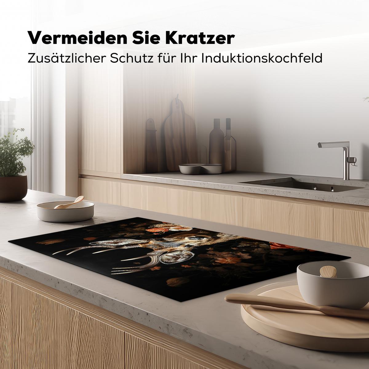 HERDABDECKPLATTE Hirsch - Tier - Blumen - Natur - Botanisch Induktionsschutz 89.6x51.6 cm - Kupferfarben, Kunststoff (89.6/51.6/0.2cm) - MuchoWow