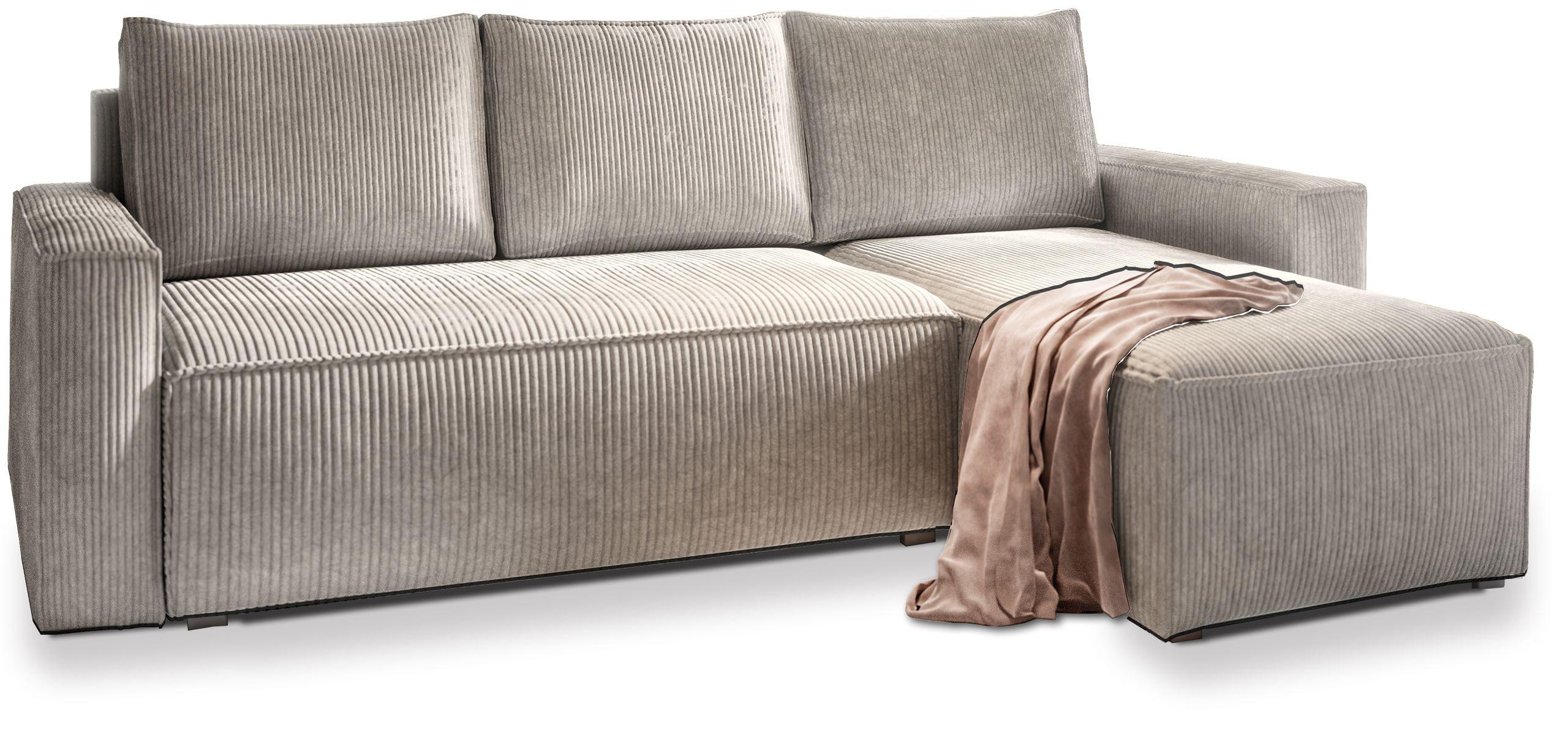 ECKSOFA POTARO Creme Kordstoff mit Schlaffunktion - Creme/Grau, Holz/Kunststoff (232/140cm) - MASSENO