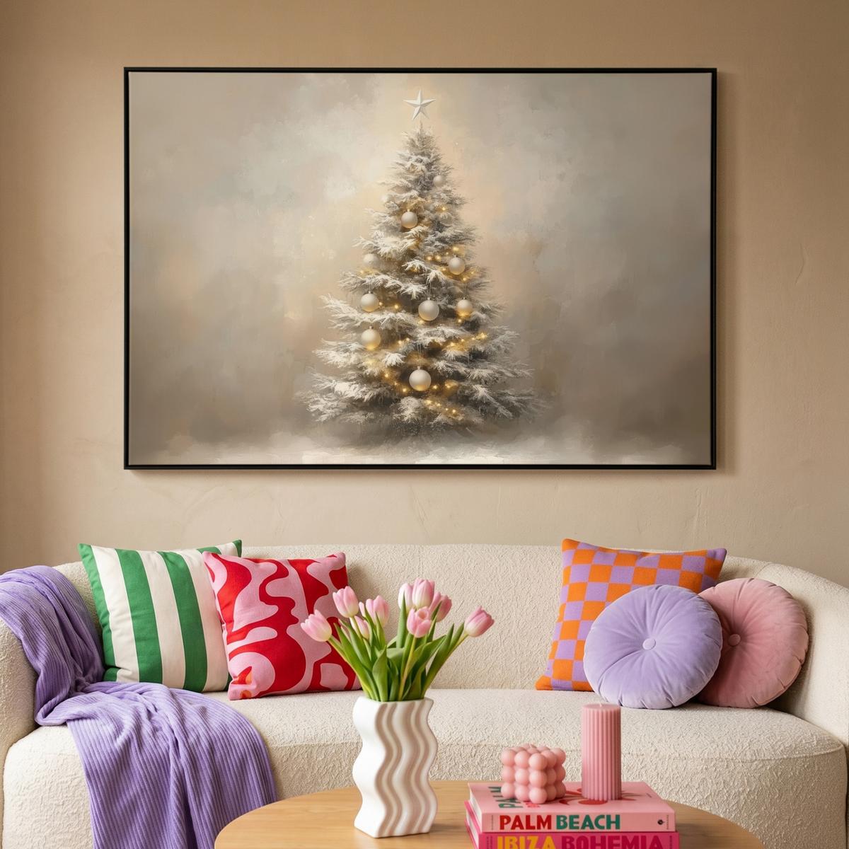 LEINWAND Bilder mit Rahmen - Weihnachten - Weihnachtsbaum - Schnee - Kunst - 120x80 - Champagner, Textil (120/80cm) - MuchoWow