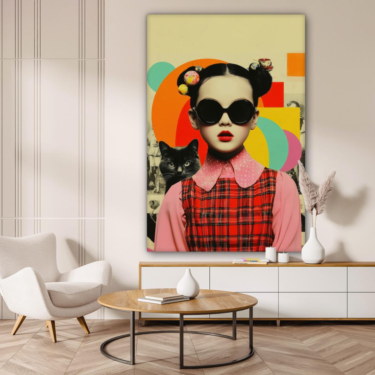 LEINWANDBILD Mädchen - Sonnenbrille - Katze - Retro Deko Groß 90x140 cm - Beige, Textil (90/140cm) - MuchoWow