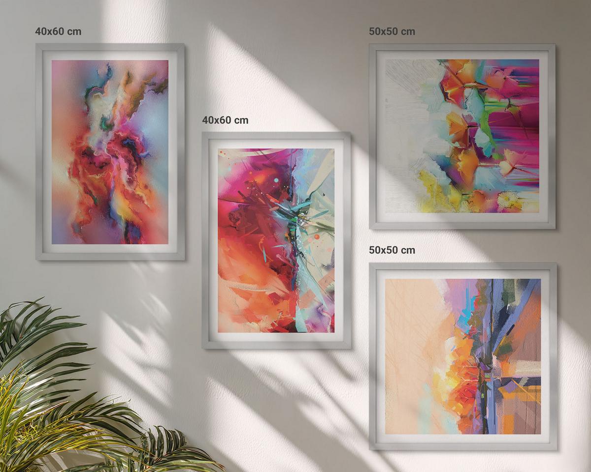 BILDER SET 4er Set - 50x50 cm & 40x60 cm Silberner Rahmen - Farbenfrohe Abstraktionen der Form - Silberfarben, Kunststoff (50/50cm) - TULUP