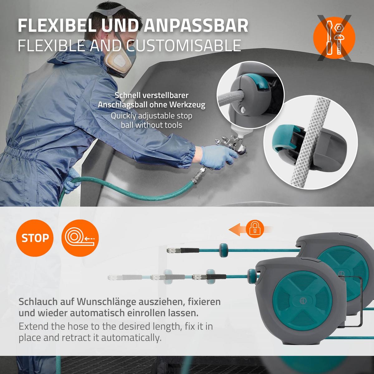 DRUCKLUFTSCHLAUCHTROMMEL 15m+1,5m - Grau, Kunststoff (16.5/32/45cm) - ECD-Germany