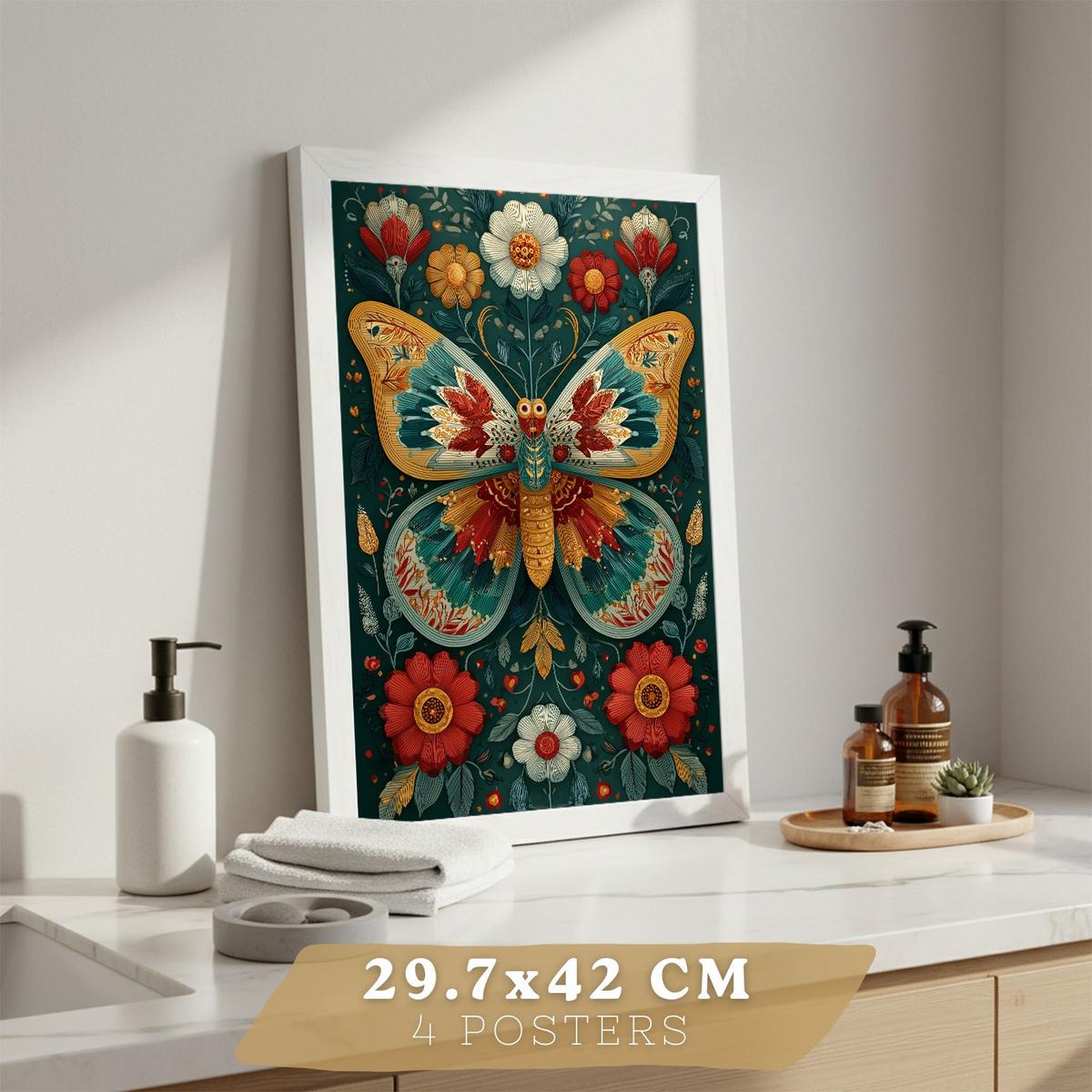 POSTER 4er-Set farbenfrohe Kunstdrucke im Folk-Art-Stil, Tiere und Blumen-Dekorationsbilder, im botanischen Stil für Wohnzimmer Weißer Rahmen A3 - Weiß, Papier (42/29.7/3cm) - Nacnic