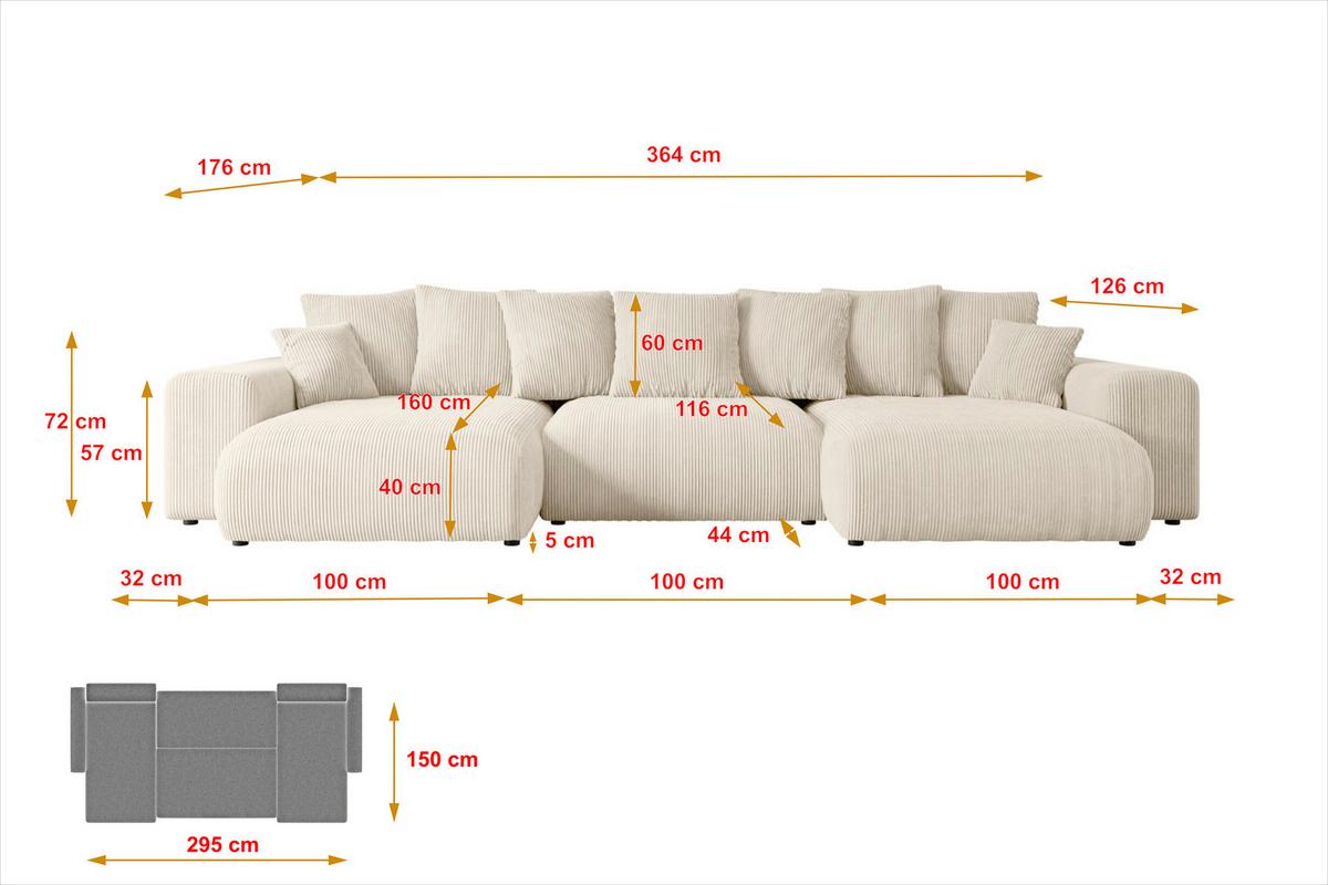 WOHNLANDSCHAFT mit Schlaffunktion ESKAR-U -364x176x72cm Beige Cord - Beige/Schwarz, Holzwerkstoff/Kunststoff (364/72/176cm) - ALTDECOR