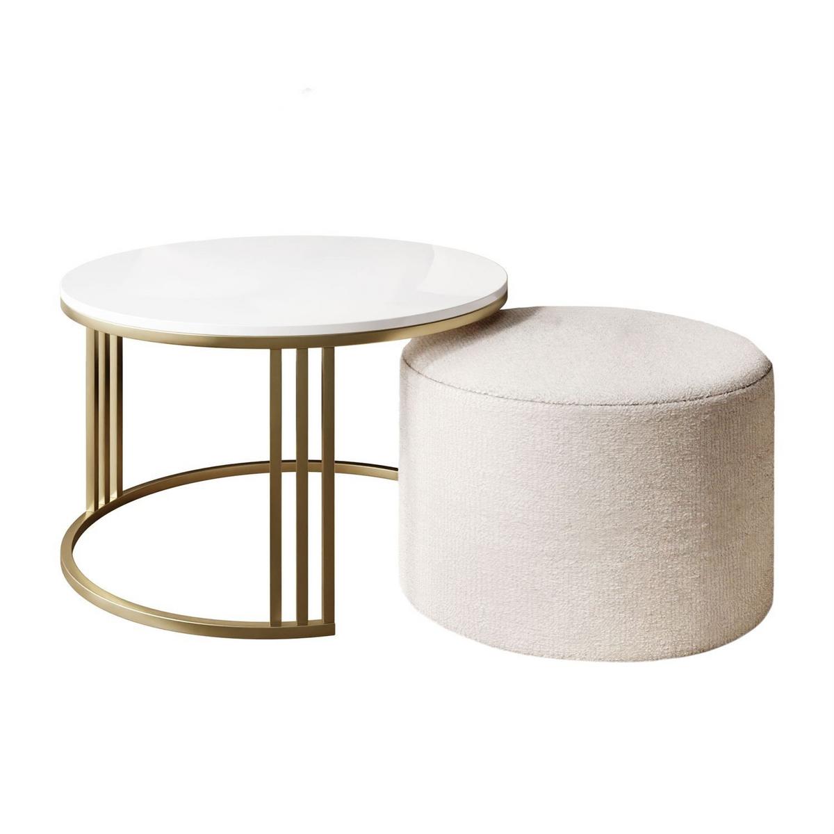 COUCHTISCH mit Hocker LORI Hochglanz gebürstetes Gold/weißer Glanz/Perfect Harmony 01 - Weiß, Metall (70/70/49cm) - Lookway