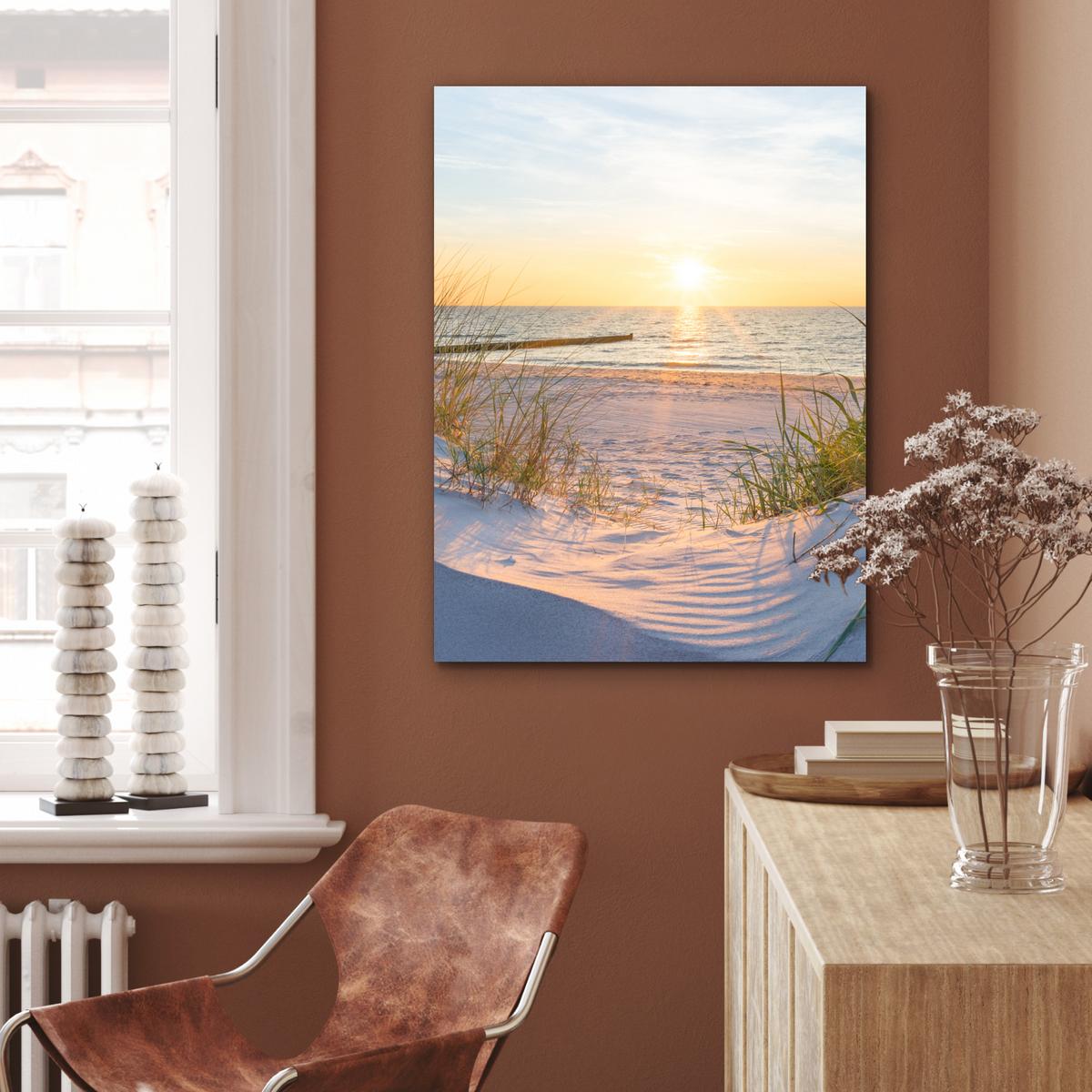 METALLBILD Strand - Sonne - Düne - Gras - Sand - Horizont 60x80 cm - Hellblau, Metall (60/80cm) - MuchoWow