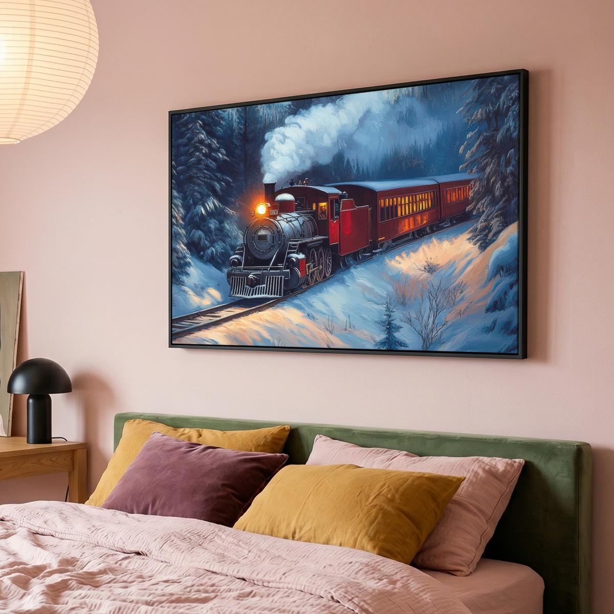 LEINWAND Bilder mit Rahmen - Zug - Weihnachten - Schnee - Weihnachtszug - 120x80 - Anthrazit, Textil (120/80cm) - MuchoWow