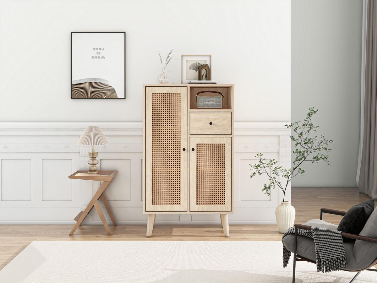HIGHBOARD Eiche mit Rattanfronten und Schubladen - Eichefarben, Holzwerkstoff (60/101/40cm) - Urban Meuble