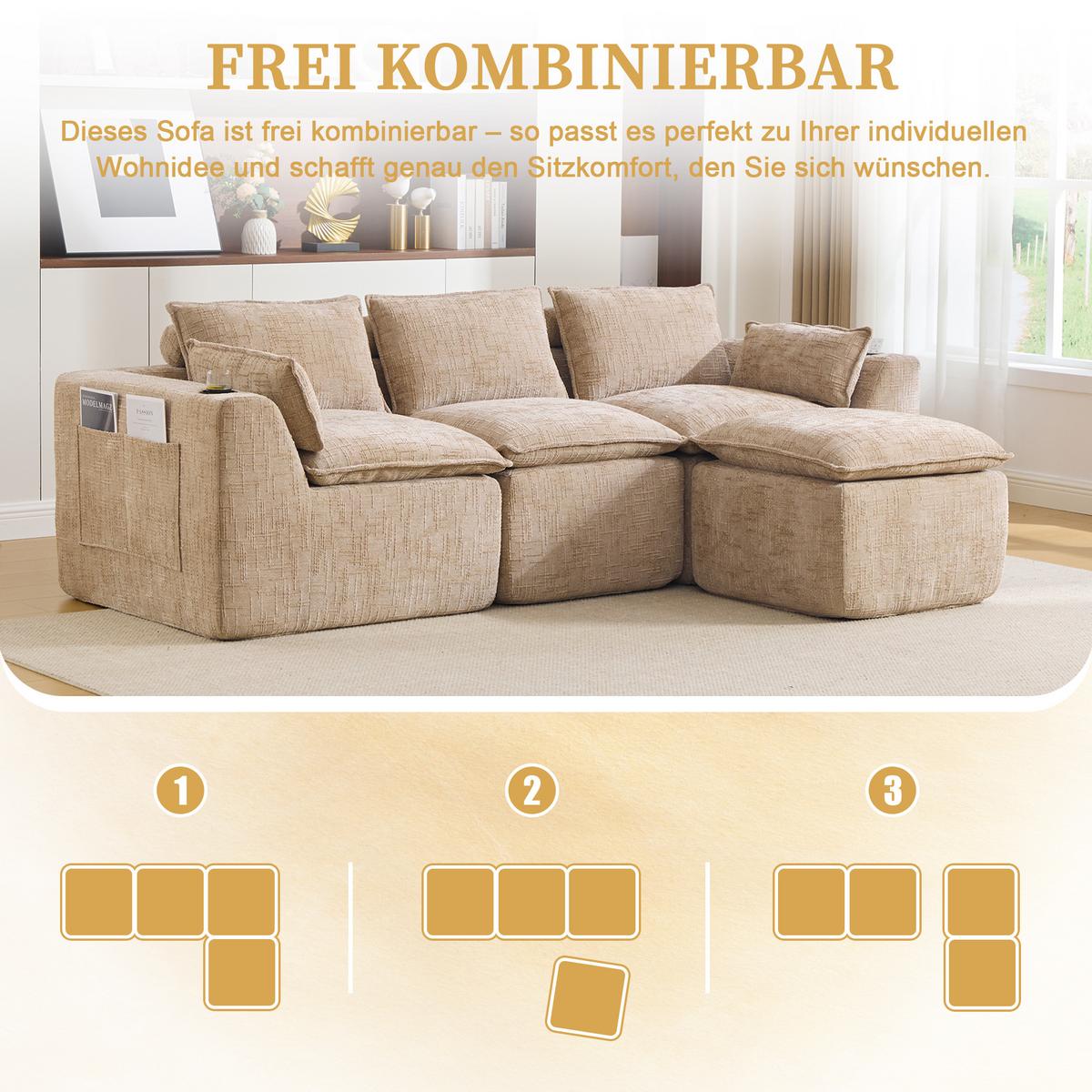 3-SITZER-SOFA aus chenille, mit fußhocker und getränkehalter - Sandfarben, Textil (256/75/161cm) - Urban Meuble