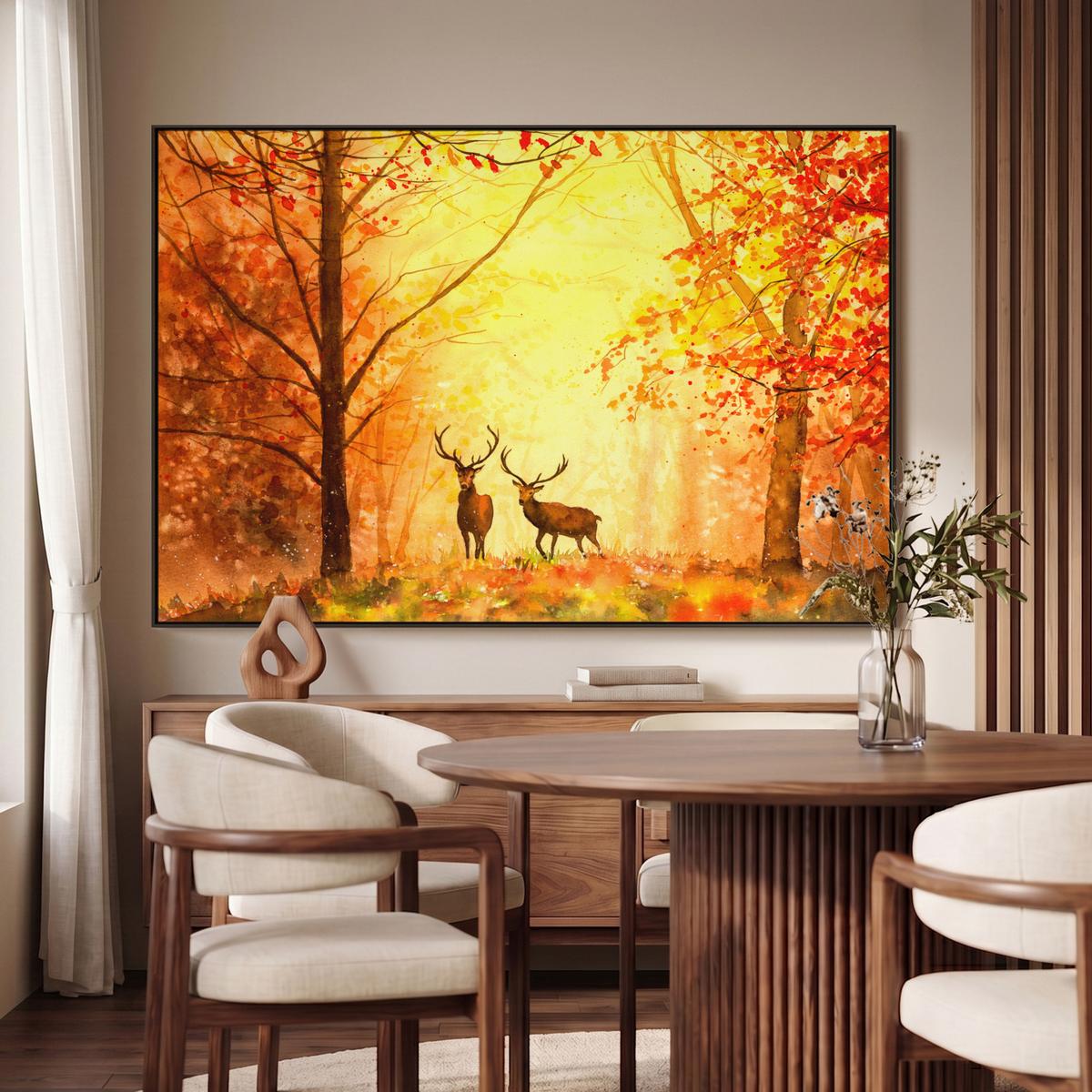 LEINWAND Bilder mit Rahmen - Natur - Ölfarbe - Hirsche - Tiere - Herbst - Orange - 120x80 - Orange, Textil (120/80cm) - MuchoWow