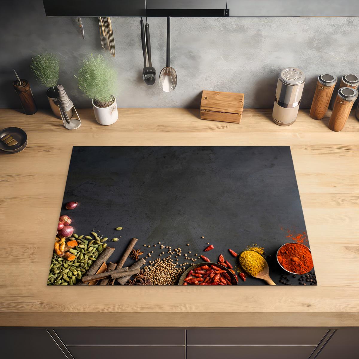 HERDABDECKPLATTE Kräuter - Lebensmittel - Gewürze - Schwarz - Paprika - Zimt Induktionsmatte 71x52 cm - Currygelb, Kunststoff (71/52/0.2cm) - MuchoWow