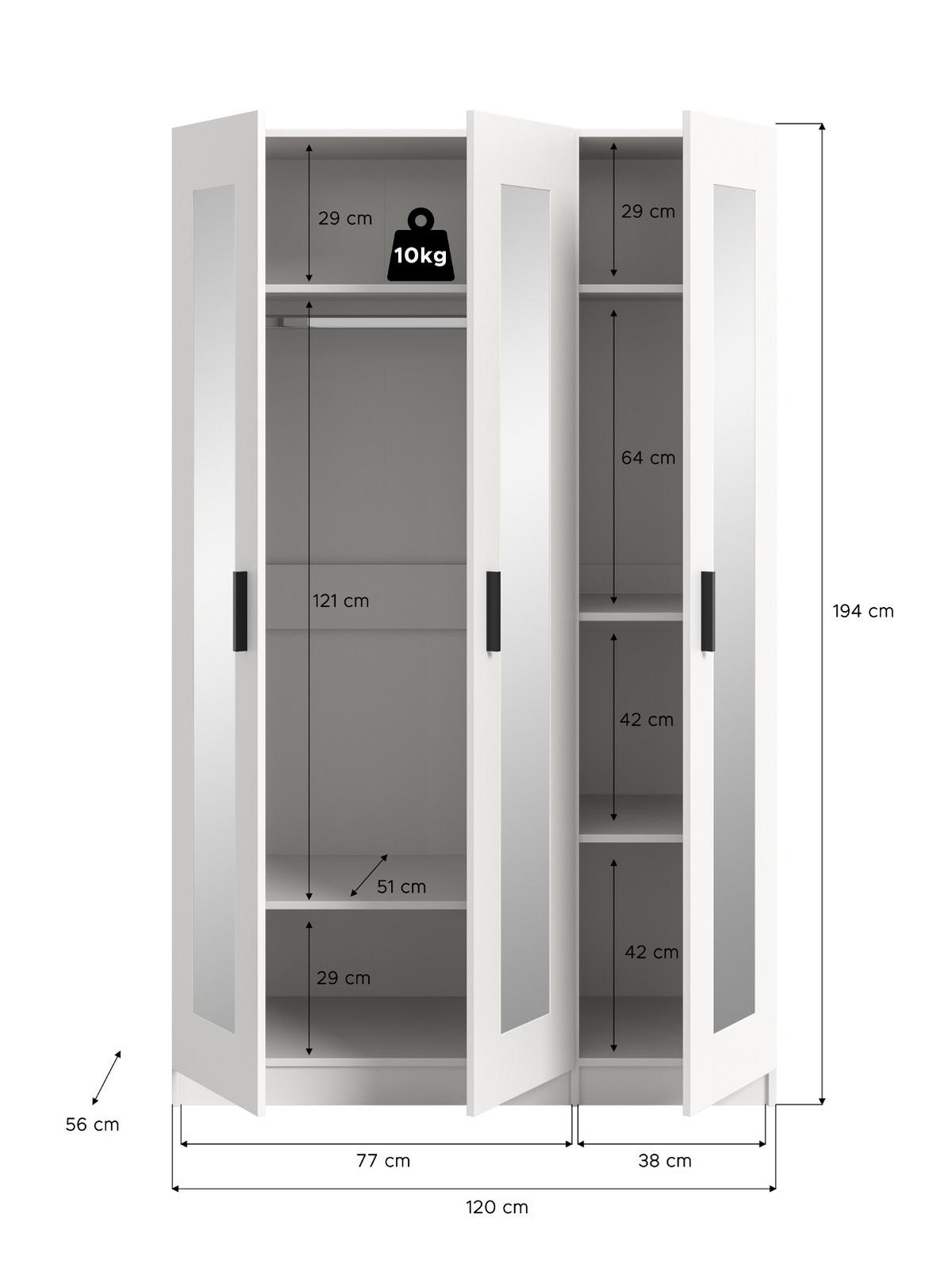 KLEIDERSCHRANK in weiß 120 x 194 cm skandinavisch, Drehtürenschrank 3-türig mit Spiegel - Schwarz/Weiß, Glas/Holzwerkstoff (120/194/56cm) - Inn.Furn