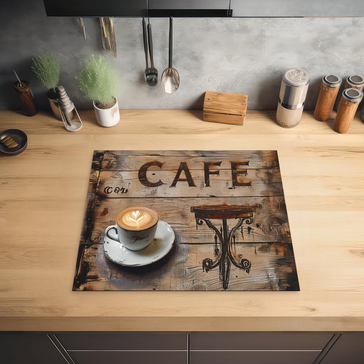 HERDABDECKPLATTE Cafe - Holz - Kaffee - Regale Herdabdeckung Induktionsfeld 60x52 cm - Schwarz, Kunststoff (60/52/0.2cm) - MuchoWow