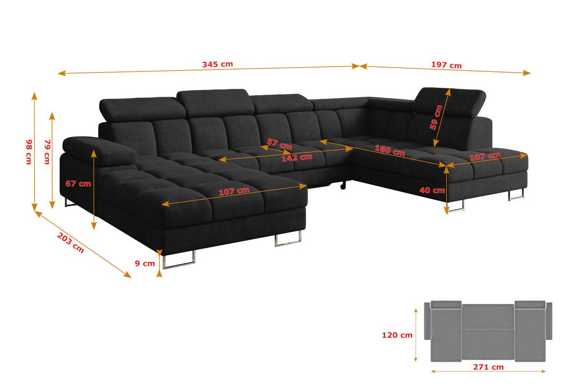 WOHNLANDSCHAFT mit Schlaffunktion und Bettkasten Ottomane RECHTS COMA U 345x203x79 Schwarz Velours - Schwarz, Holzwerkstoff/Textil (203/79/345cm) - ALTDECOR