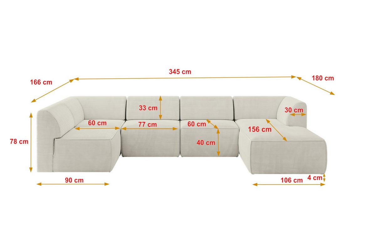 WOHNLANDSCHAFT Ottomane Rechts MOVO-L 345x180x78 cm Cream Cord - Creme, Holzwerkstoff/Kunststoff (180/78/345cm) - ALTDECOR