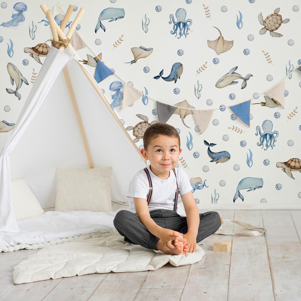 WANDAUFKLEBER SET für Kinder Meerestiere Pflanzen 60x30 - Beige/Braun, Papier (60/30/1cm) - Muralo