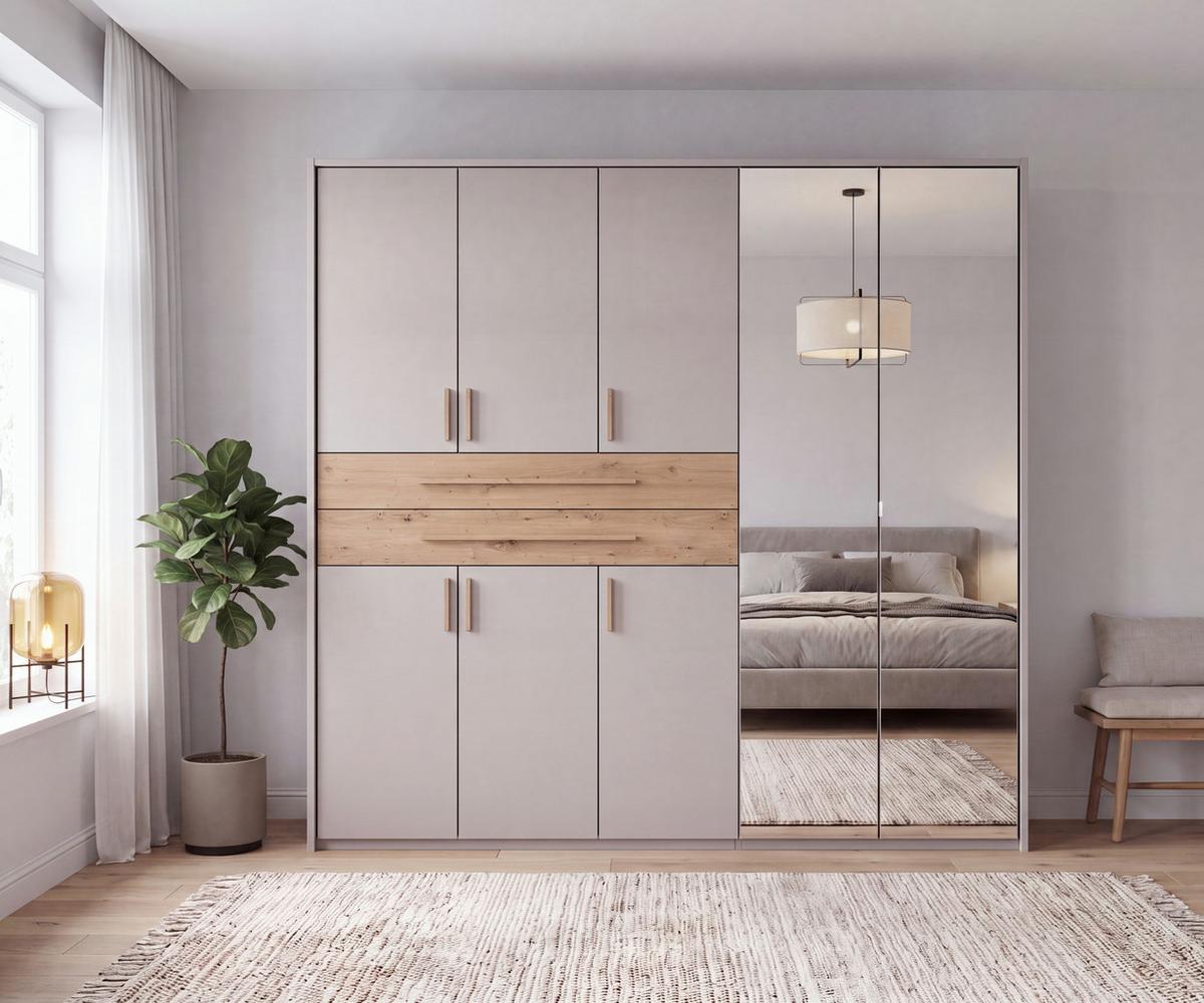 DREHTÜRENSCHRANK B228/H210/T58 cm Beige Grau, Kleiderschrank m. Passepartout, 2 Spiegeltüren, 2 Schubkästen & Griffe in Eiche Artisan Dekor / 22639 - Greige/Eiche Artisan, Holzwerkstoff/Kunststoff (228/210/58cm) - luma-home