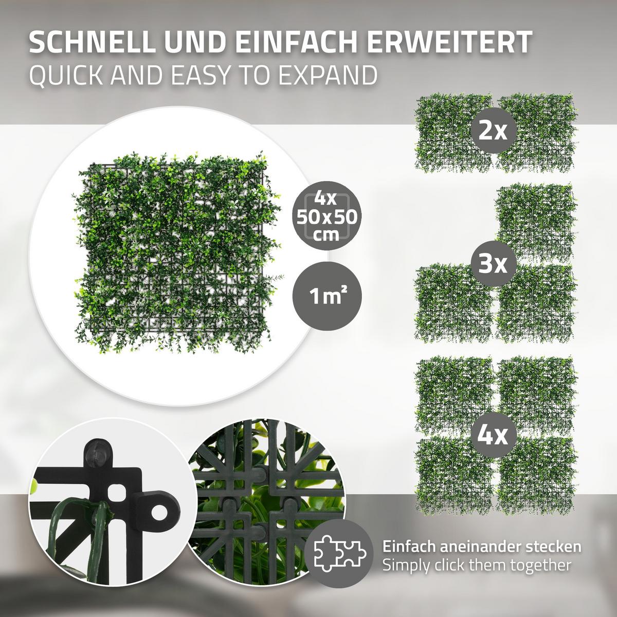 KÜNSTLICHE PFLANZENWAND 4er Set 50x50 cm Kunstpflanzen Wand Innen Aussen Pachysandra - Grün, Kunststoff (50/50/8cm) - ECD-Germany