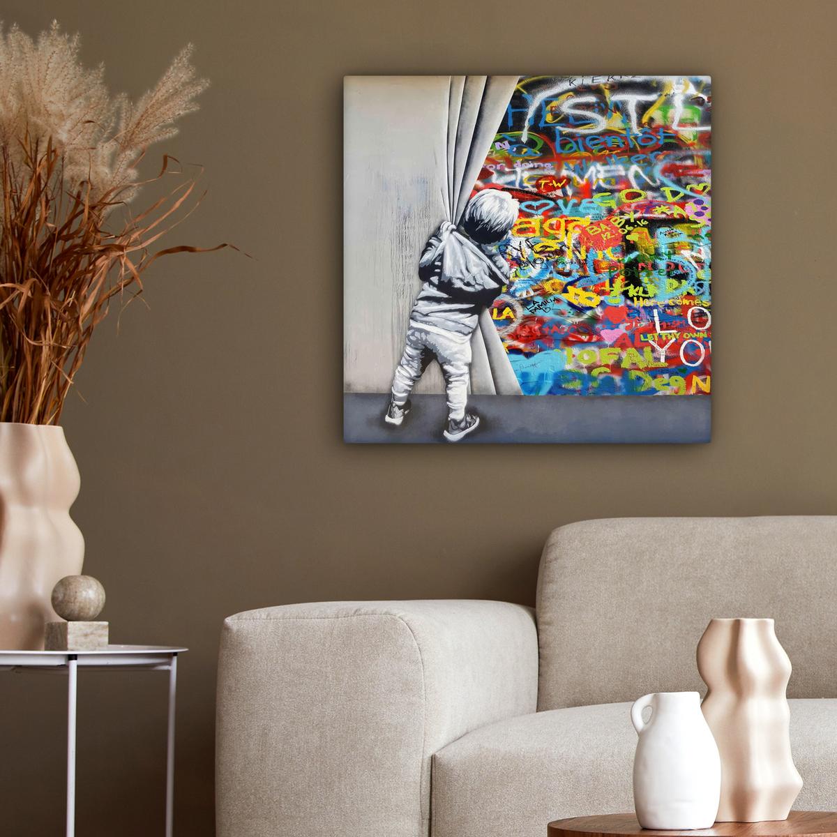 LEINWANDBILD Graffiti - Junge - Ilussie - Straßenkunst Wandbild Wohnzimmer 50x50 cm - Hellgrau, Textil (50/50cm) - MuchoWow
