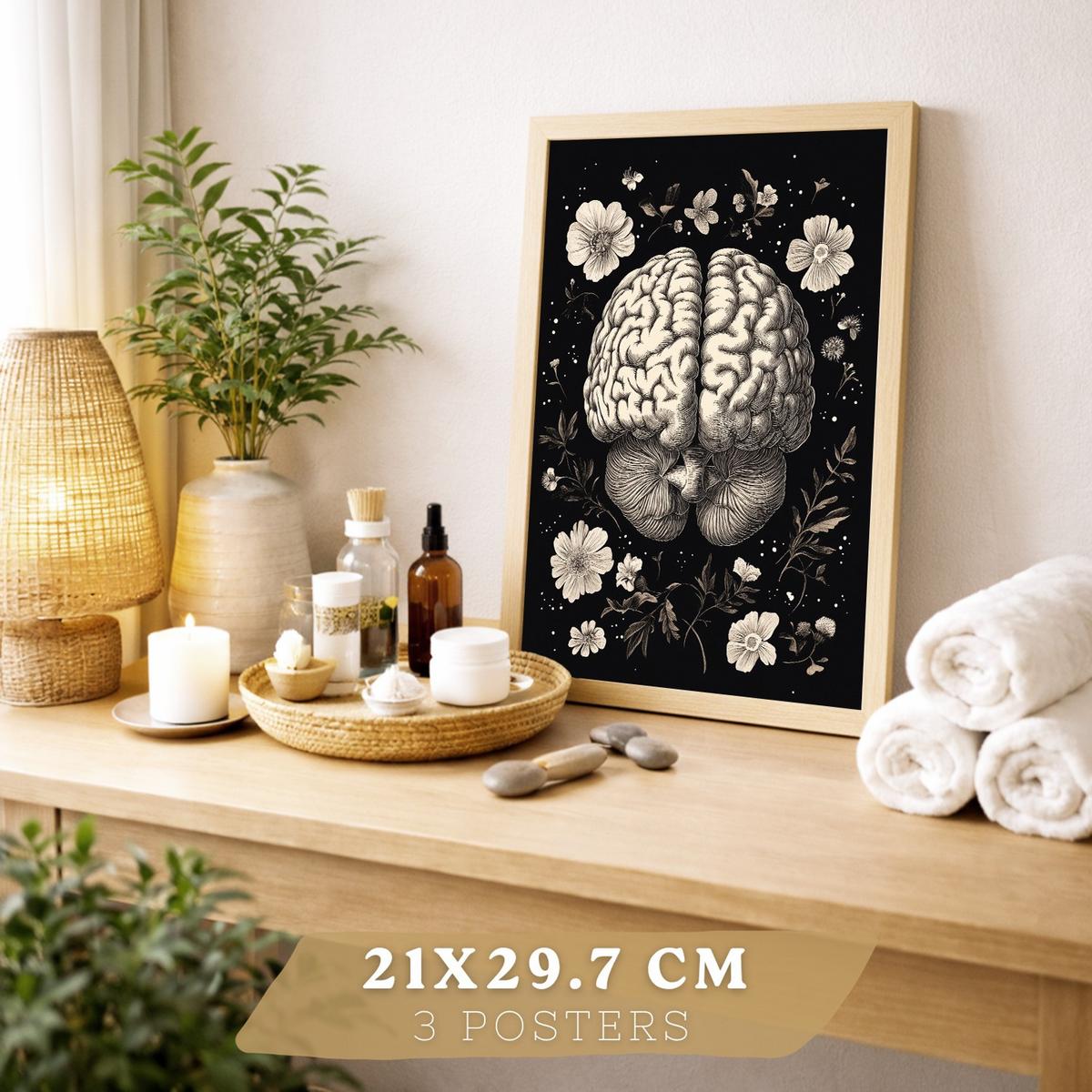 POSTER Set aus 3 Anatomie Mensch Drucke und mit Niere Harnsystem Gehirn und Herz Klassisches Schwarz Weiß Design Größe Leichter Holzrahmen A4 - Beige, Papier (21/29.7/3cm) - Nacnic
