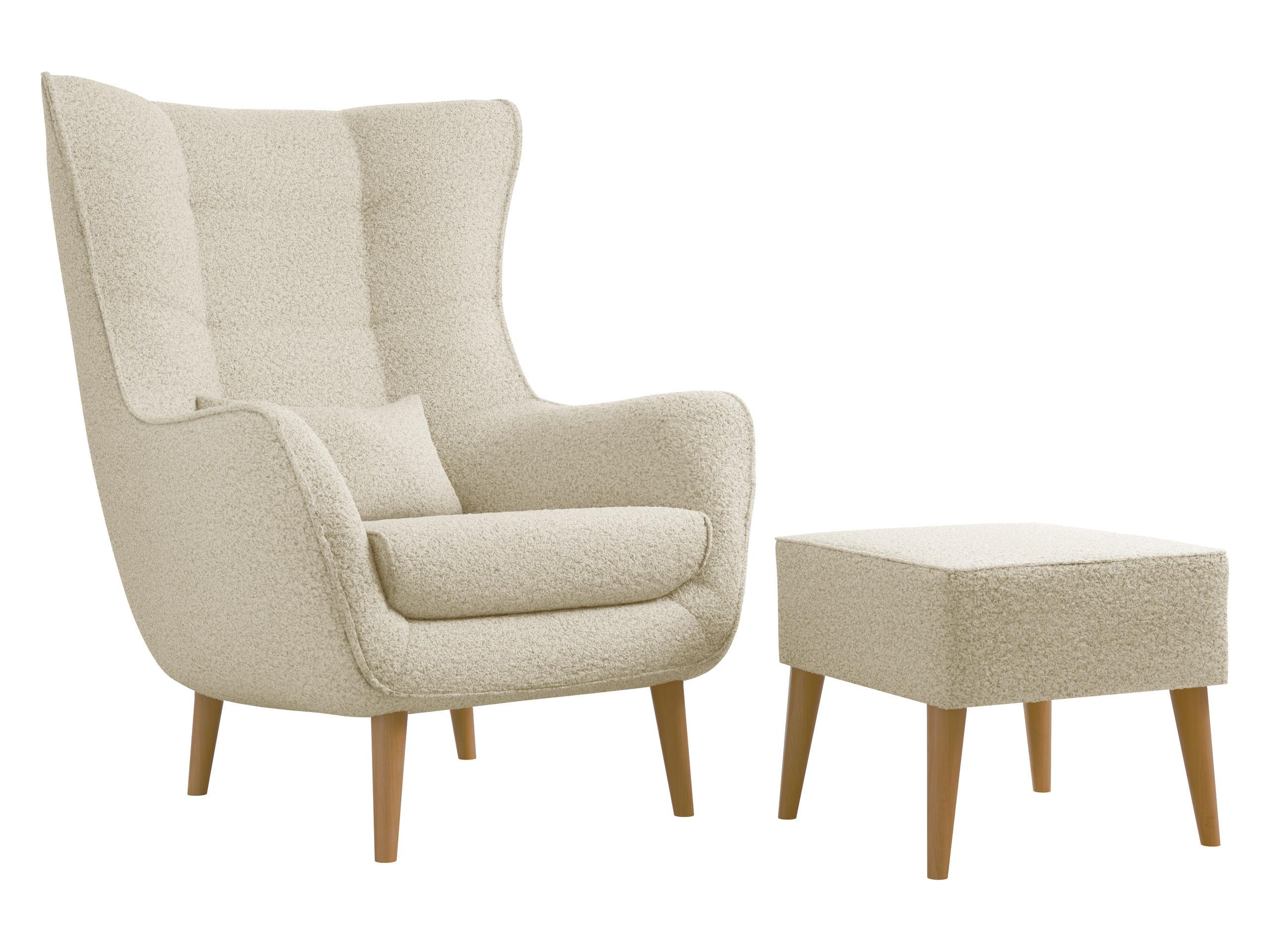 SESSEL Estjano Boucle mit Fußbank - Beige/Naturfarben, Holz/Textil (80/106/95cm) - MIRJAN24