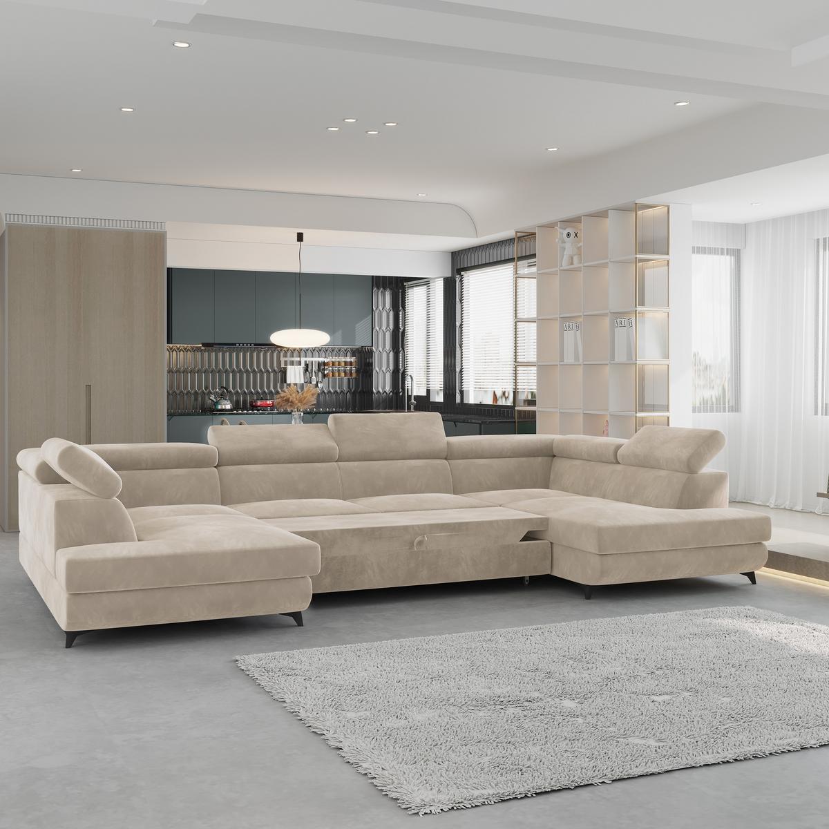 WOHNLANDSCHAFT VINTESSA Creme Velours-Stoff mit Schlaffunktion - Creme, Holz (323/89/190cm) - MASSENO