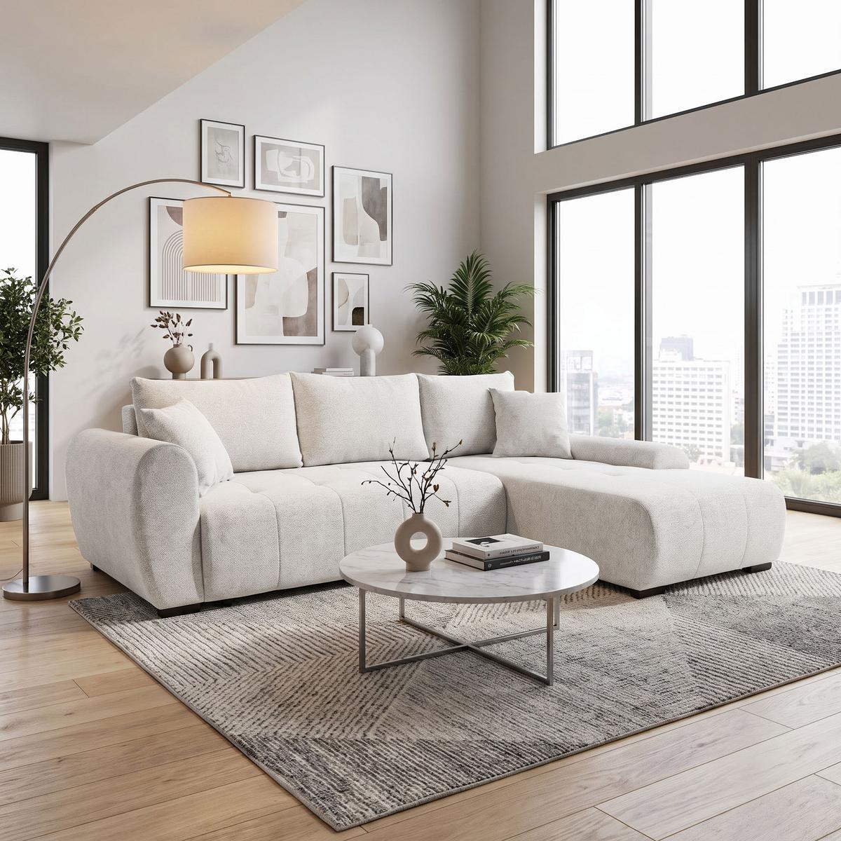ECKSCHLAFSOFA Dallas mit Bettkasten, 255 cm, Creme, rechts, Velour-Stoff - Beige, Textil (255/175cm) - Beautysofa