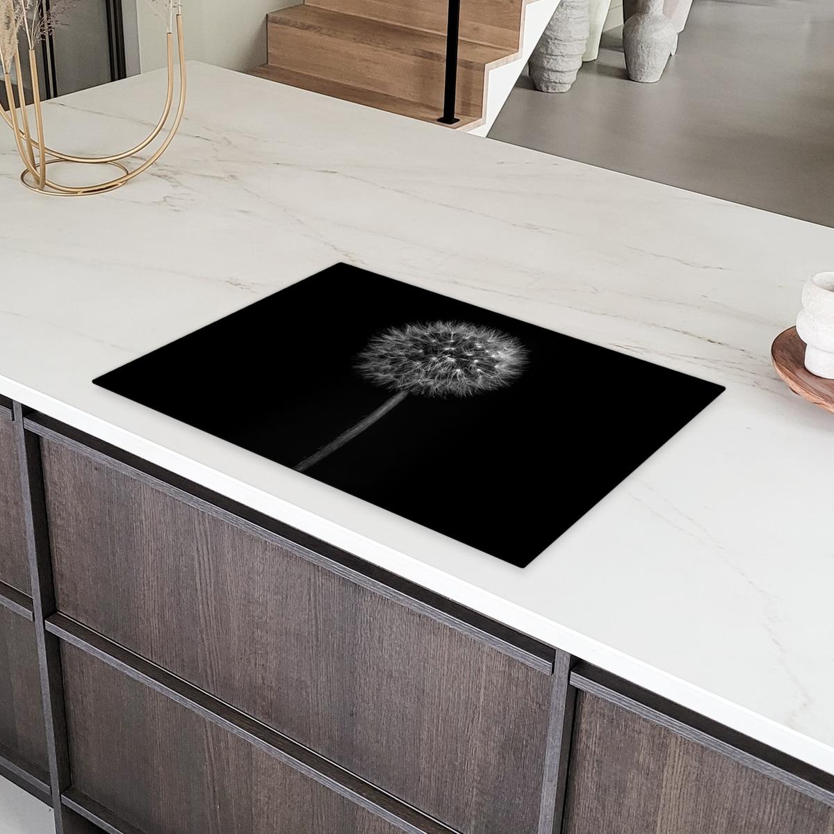 HERDABDECKPLATTE Löwenzahn - Schwarz - Floral - Botanisch Ceranfeldabdeckung 78x52 cm - Grau, Kunststoff (78/52/0.2cm) - MuchoWow