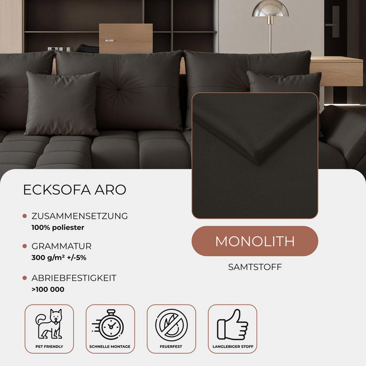 ECKSOFA ARO mit Schlaffunktion und Bettkasten Dunkelbraun - Dunkelbraun/Schwarz, Kunststoff/Textil (280/190cm) - Idohome