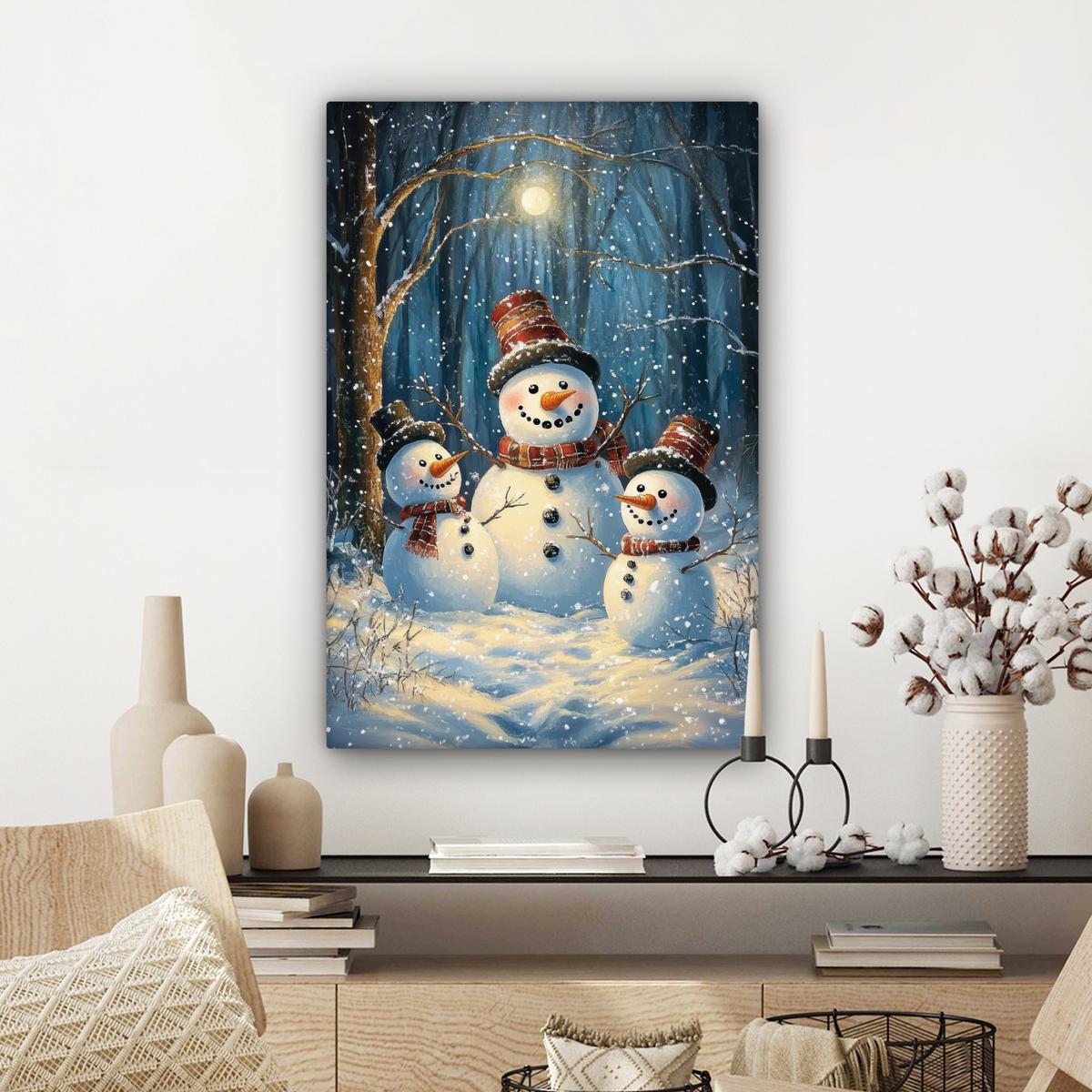LEINWANDBILD Schneemann - Schnee - Winter - Wald Wanddeko Schlafzimmer 60x90 cm - Hellblau, Textil (60/90cm) - MuchoWow
