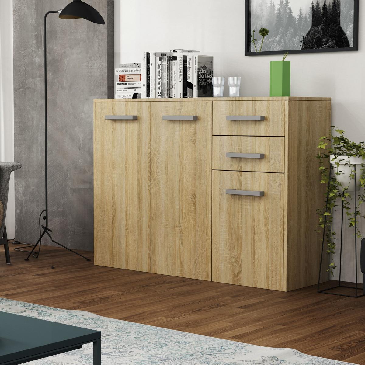KOMMODE SCALINI 113/82/33 cm mit 2 Schubladen 3 Türen Sonoma Eiche - Sonoma Eiche, Holzwerkstoff (113/82/33cm) - MASSENO