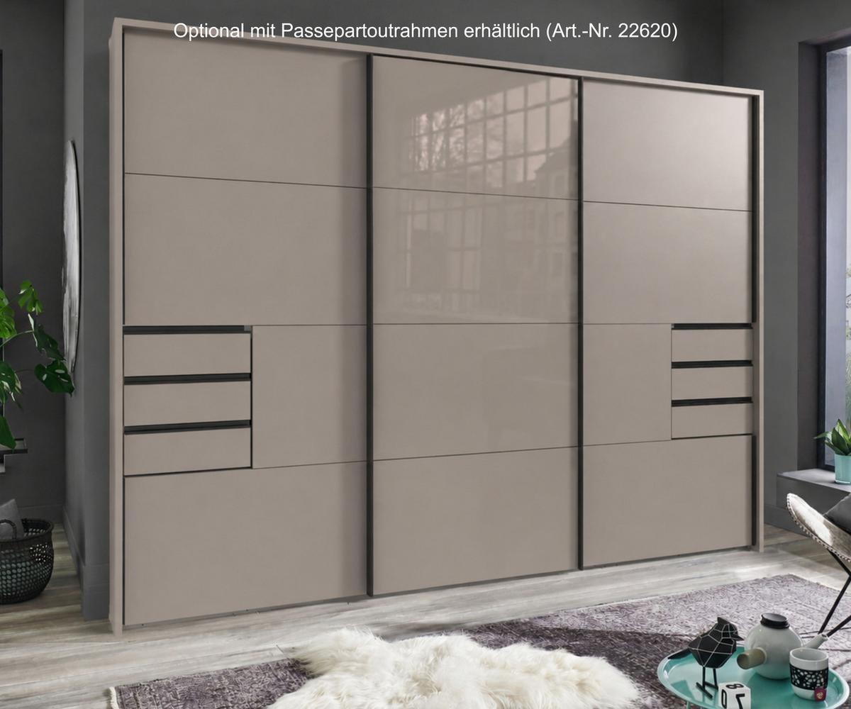 SCHWEBETÜRENSCHRANK 3-türig B270/H208/64 cm, Sandgrau, Mitteltür Glas, Kleiderschrank mit Schubladen & Vollausstattung, / 22614 - Sandfarben/Schwarz, Holzwerkstoff/Metall (270/208/64cm) - luma-home