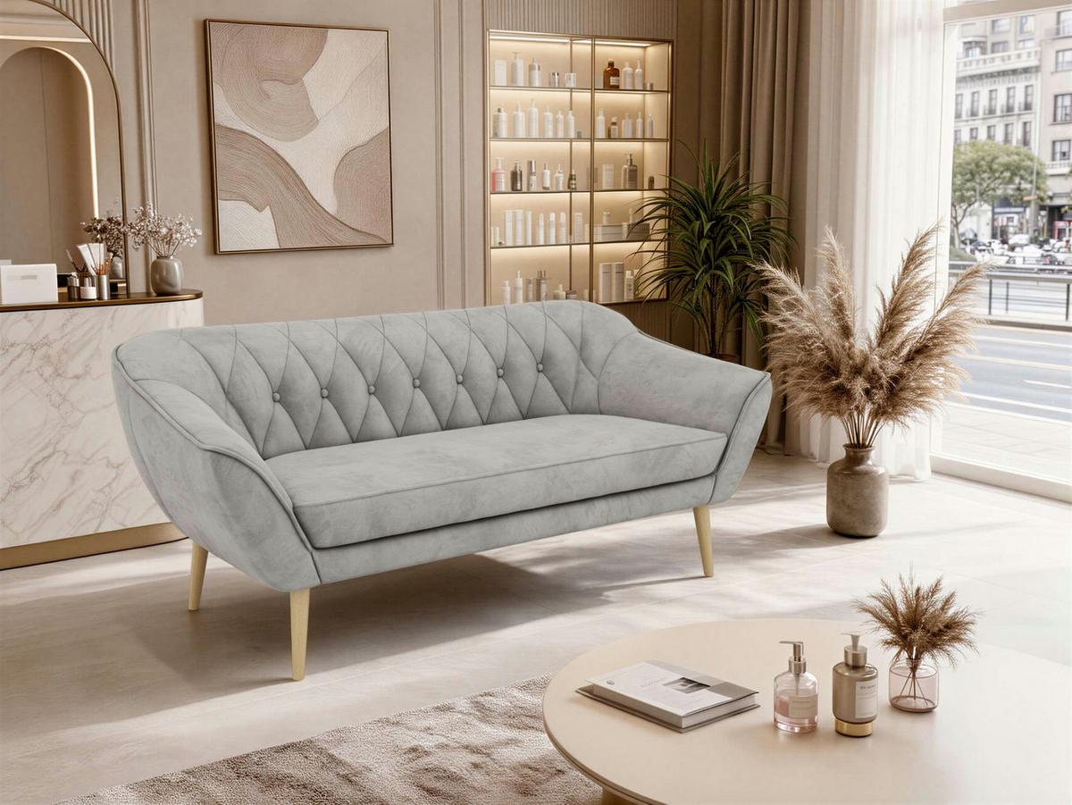3-SITZER-SOFA PIRS - Hellgrau Velvet - Holzbeine - Buchefarben/Hellgrau, Holzwerkstoff/Textil (180/75/74cm) - MKS