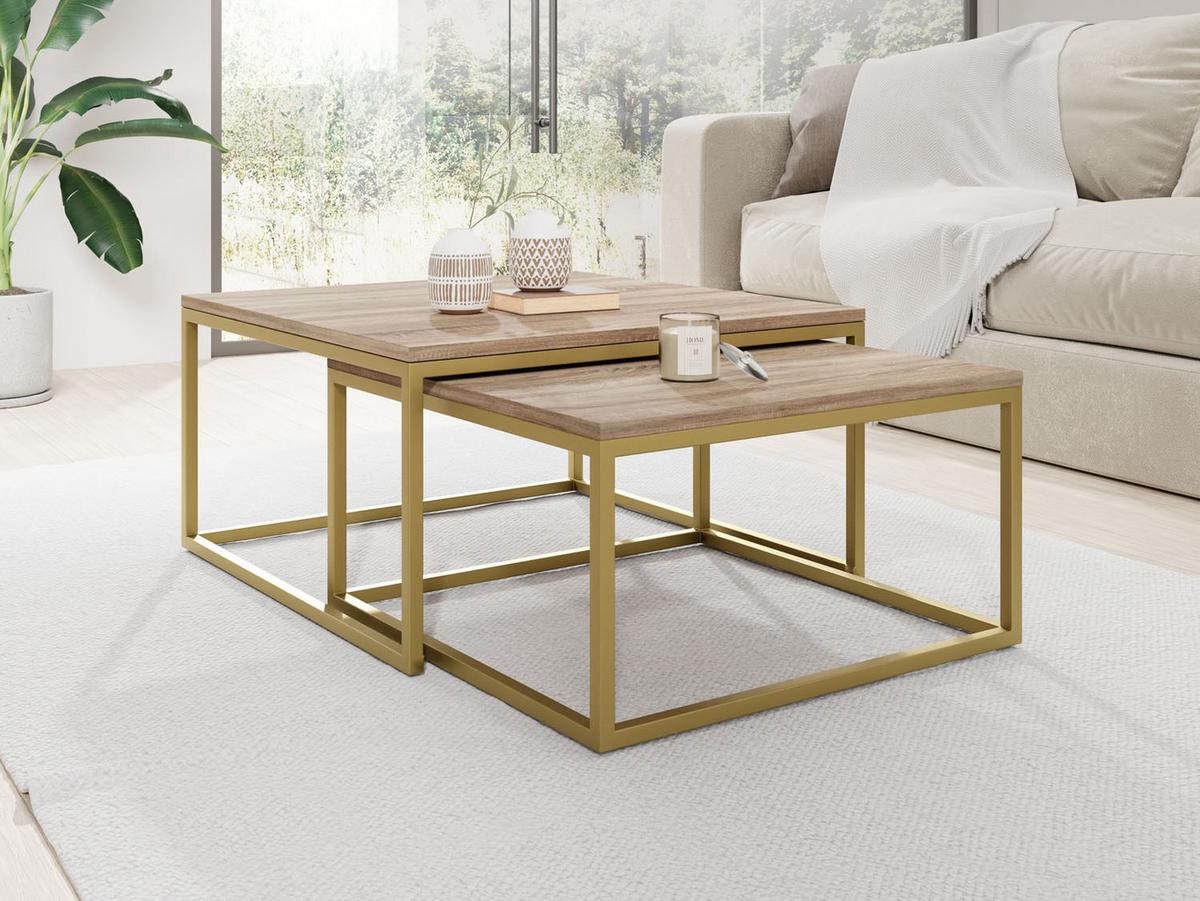 COUCHTISCHE Vella Gold 2er-Set quadratisch, Sonoma Eiche 76/76/39cm + 66/66/34 cm - Goldfarben/Sonoma Eiche, Holzwerkstoff/Metall (76/76/39cm) - WFL GROUP