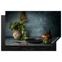 HERDABDECKPLATTE Kräuter - Gewürze - Pfanne - Messer - Grau - Rustikal Abdeckung Ceranfeld 81.2x52 cm - Petrol, Kunststoff (81.2/52/0.2cm) - MuchoWow