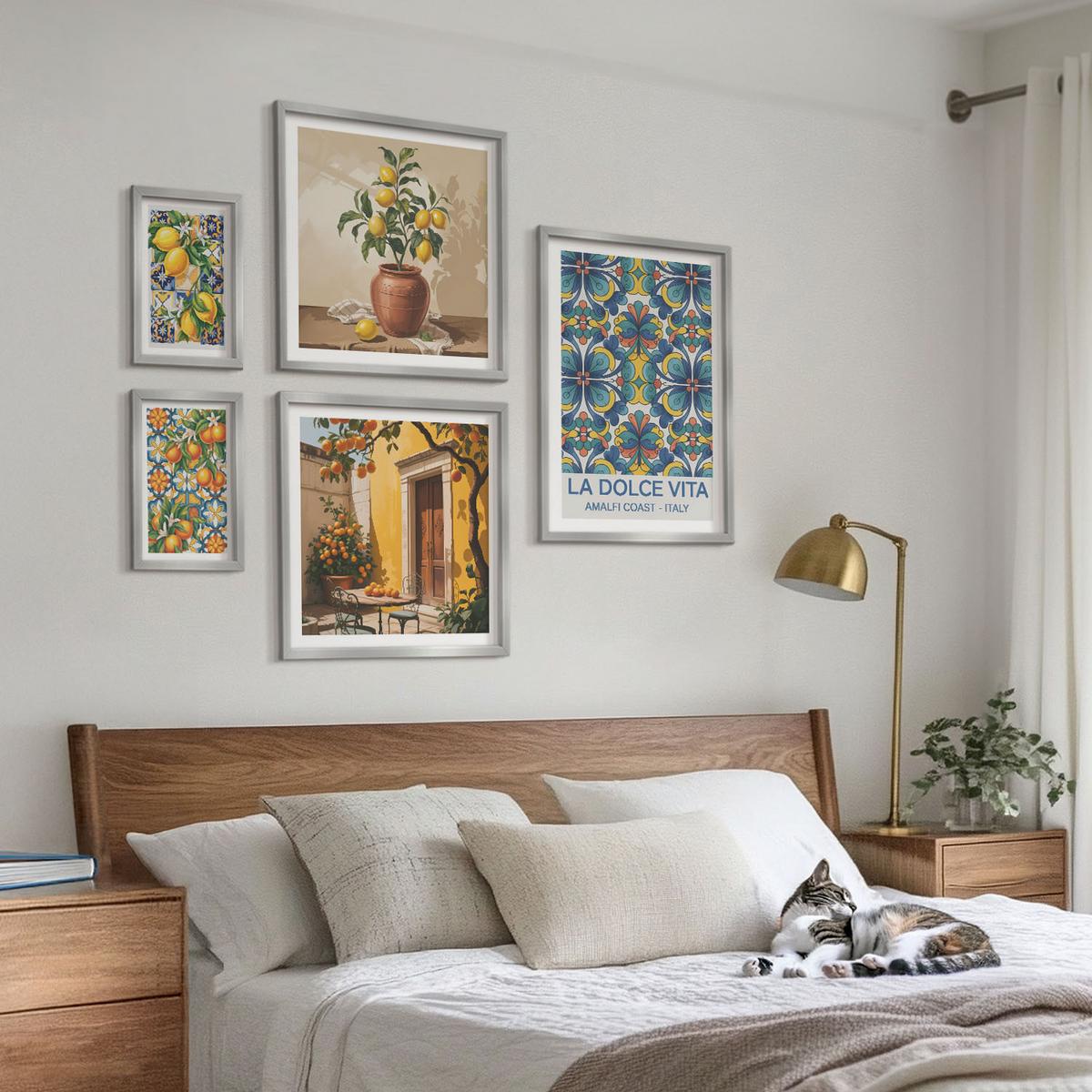 BILDER SET 5er Set - 50x50 cm & 20x30 cm & 40x60 cm Silberner Rahmen - Zitronen, Blumen, Orangen, Italien - Silberfarben, Kunststoff (40/60cm) - TULUP