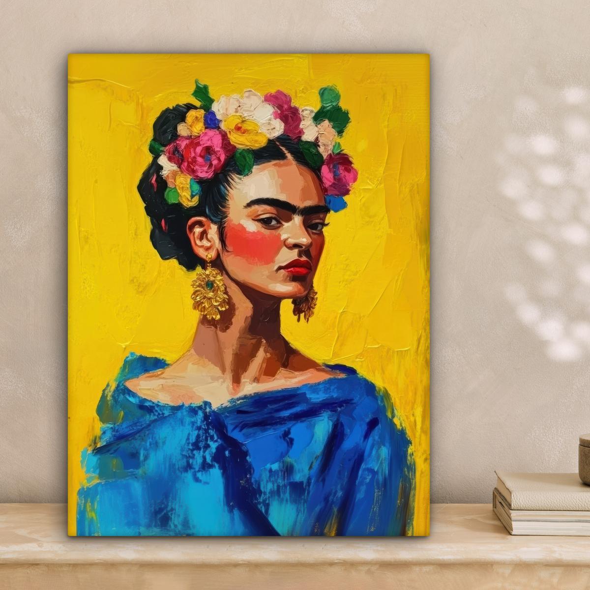 LEINWANDBILD Frida Kahlo - Frau - Gelb - Blau - Blumen Room Decor 30x40 cm - Gelb, Textil (30/40cm) - MuchoWow