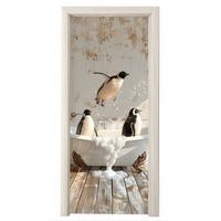 TÜRAUFKLEBER Vintage - Pinguin - Badewanne - Schaumstoff 80x215 cm - Türtapete - Hellbraun, Kunststoff (80/0.1cm) - MuchoWow