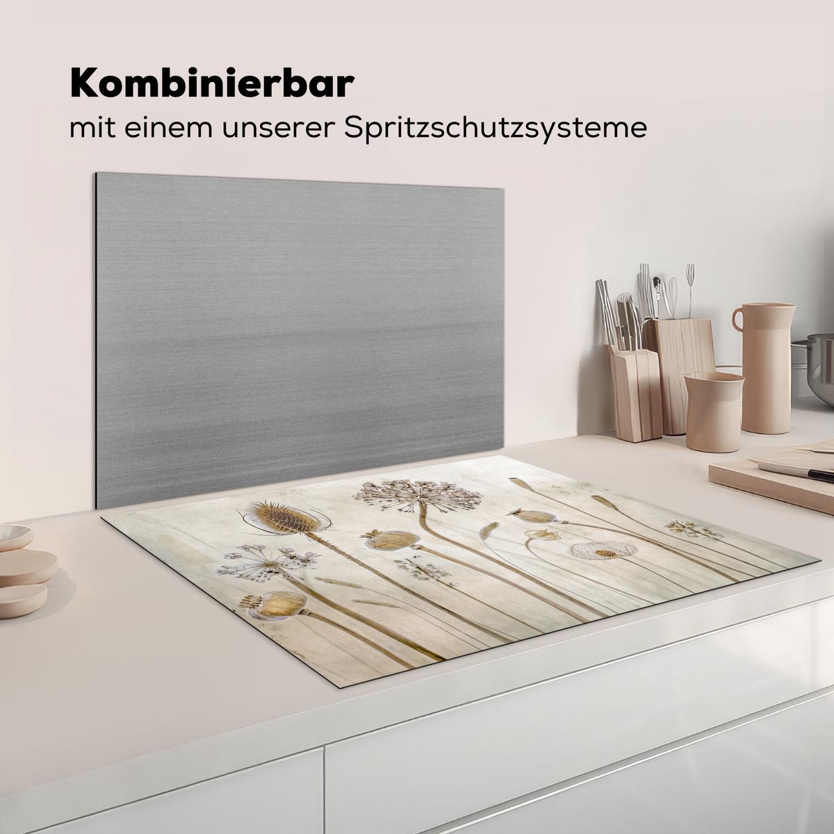 HERDABDECKPLATTE Blumen - Aquarell - Stilleben - Braun - Vintage Induktionsmatte 77x59 cm - Sandfarben, Kunststoff (77/59/0.2cm) - MuchoWow
