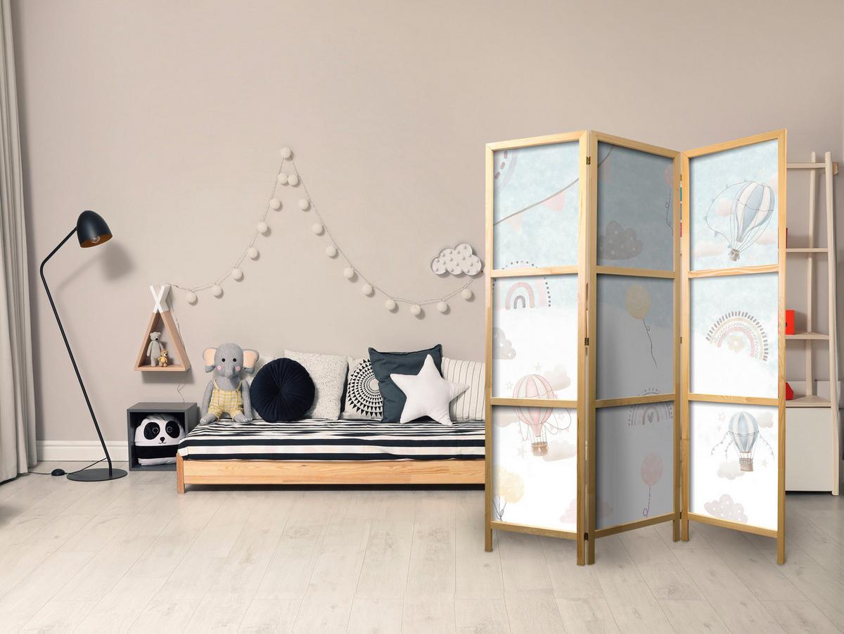 PARAVENT Japanischer 3-tlg 135x172 cm Ballons und Wolken - Weiß, Holz/Textil (135/172/3cm) - Muralo