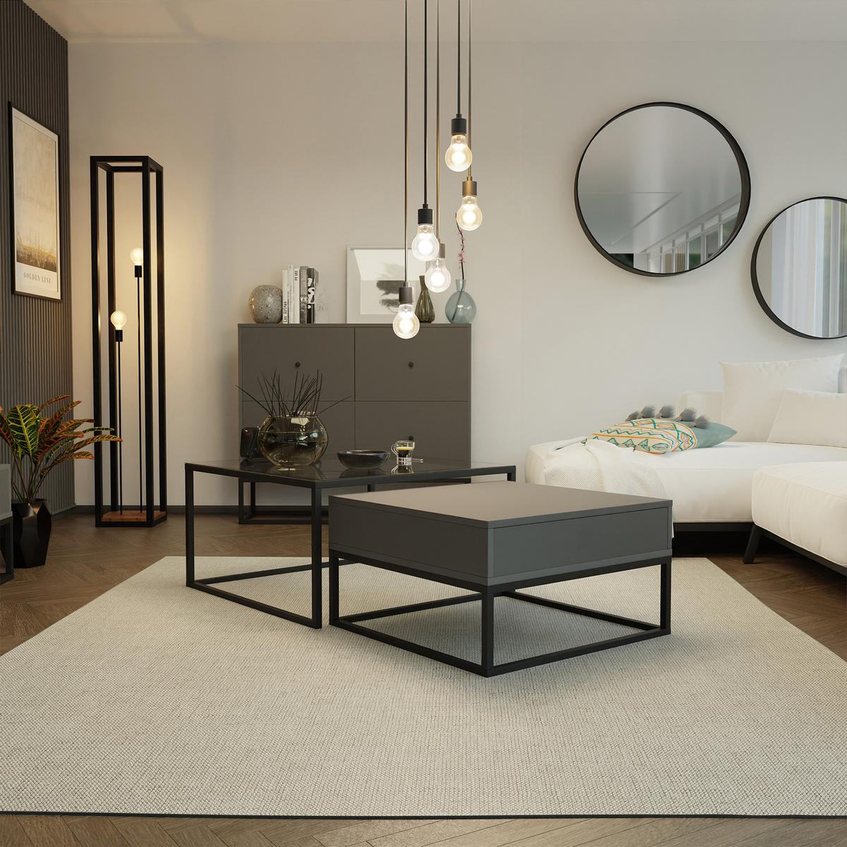 COUCHTISCH quadratisch Grau, MDF/Glas Tischplatte, Rahmen Schwarz - Schwarz/Grau, Holzwerkstoff (70/70/42cm) - Idohome