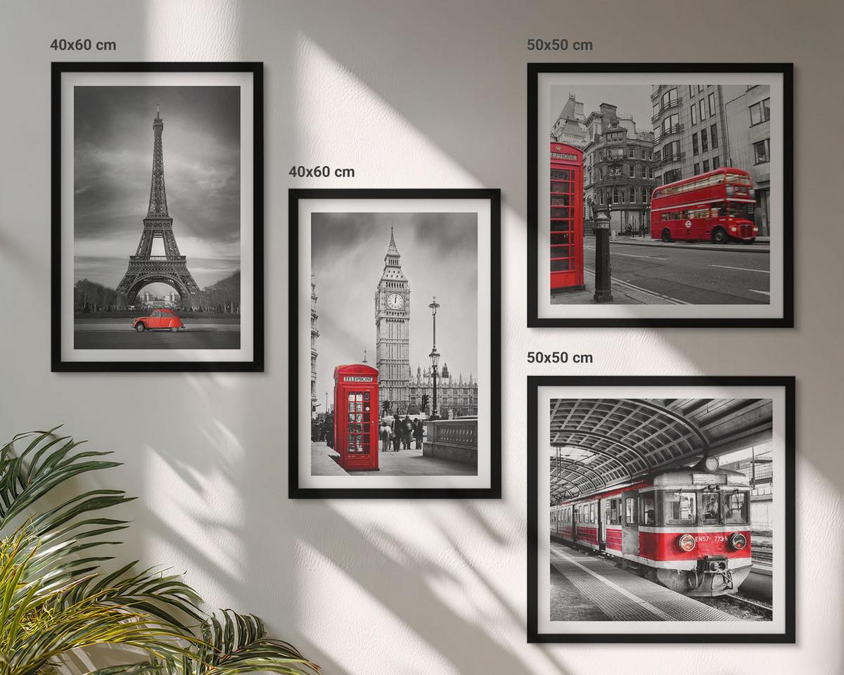 BILDER SET 4er Set - 50x50 cm & 40x60 cm Schwarzer Rahmen - Rote Busse in der Stadt - Schwarz, Kunststoff (50/50cm) - TULUP
