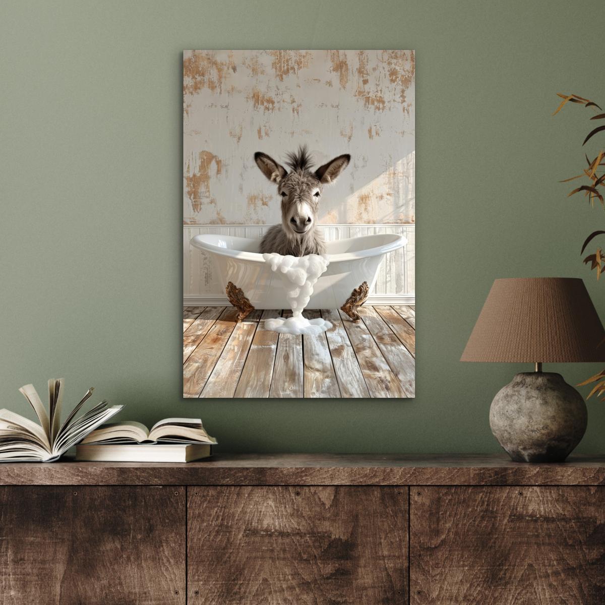 METALLBILD Esel - Tiere - Badewanne - Schaumstoff Deko Schlafzimmer 40x60 cm - Weiß, Metall (40/60cm) - MuchoWow
