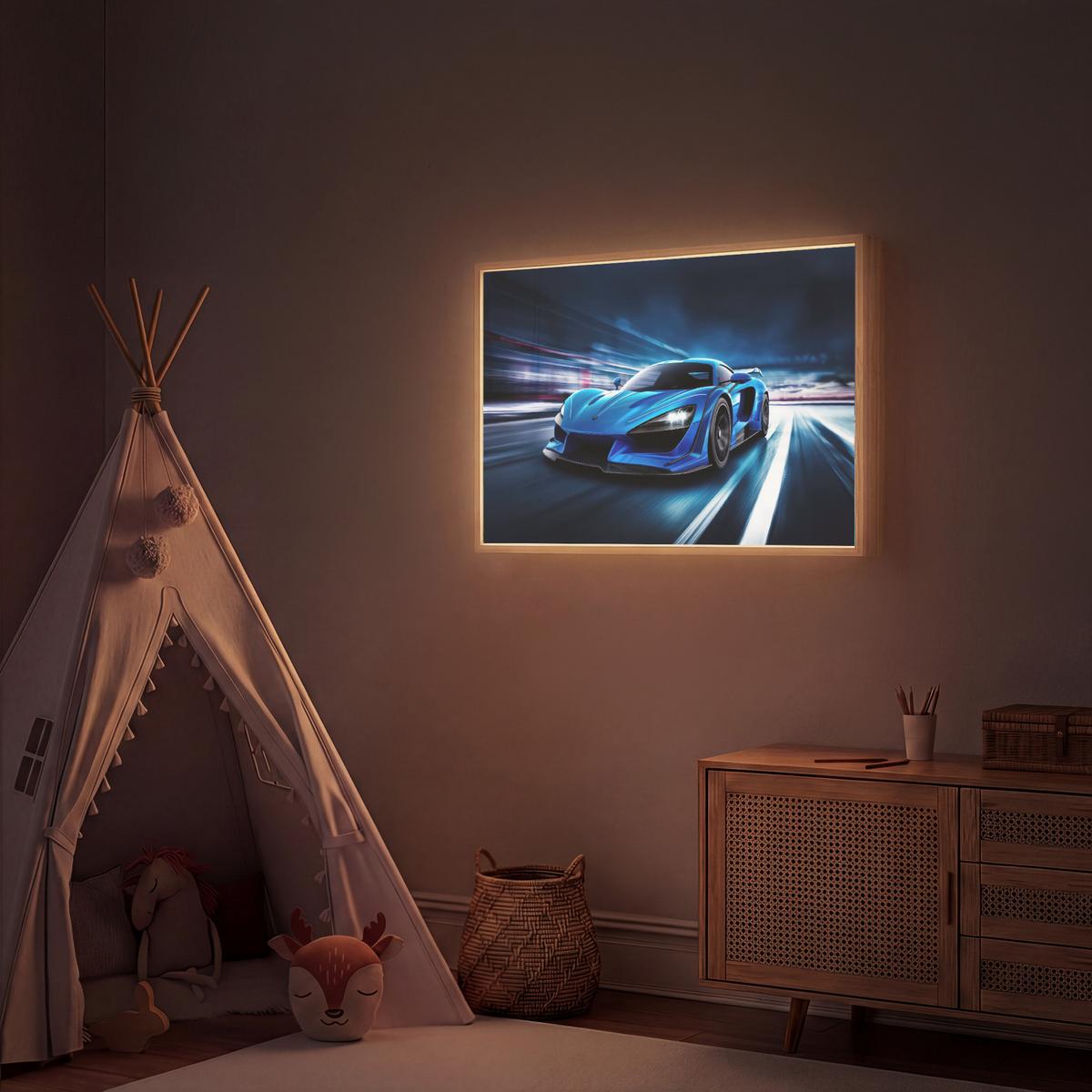 WANDLEUCHTE MIT AKKU Auto - Blau - Jungen - Kind 100x70 cm - Blau, Holzwerkstoff (100/70/8cm) - OnlyWow