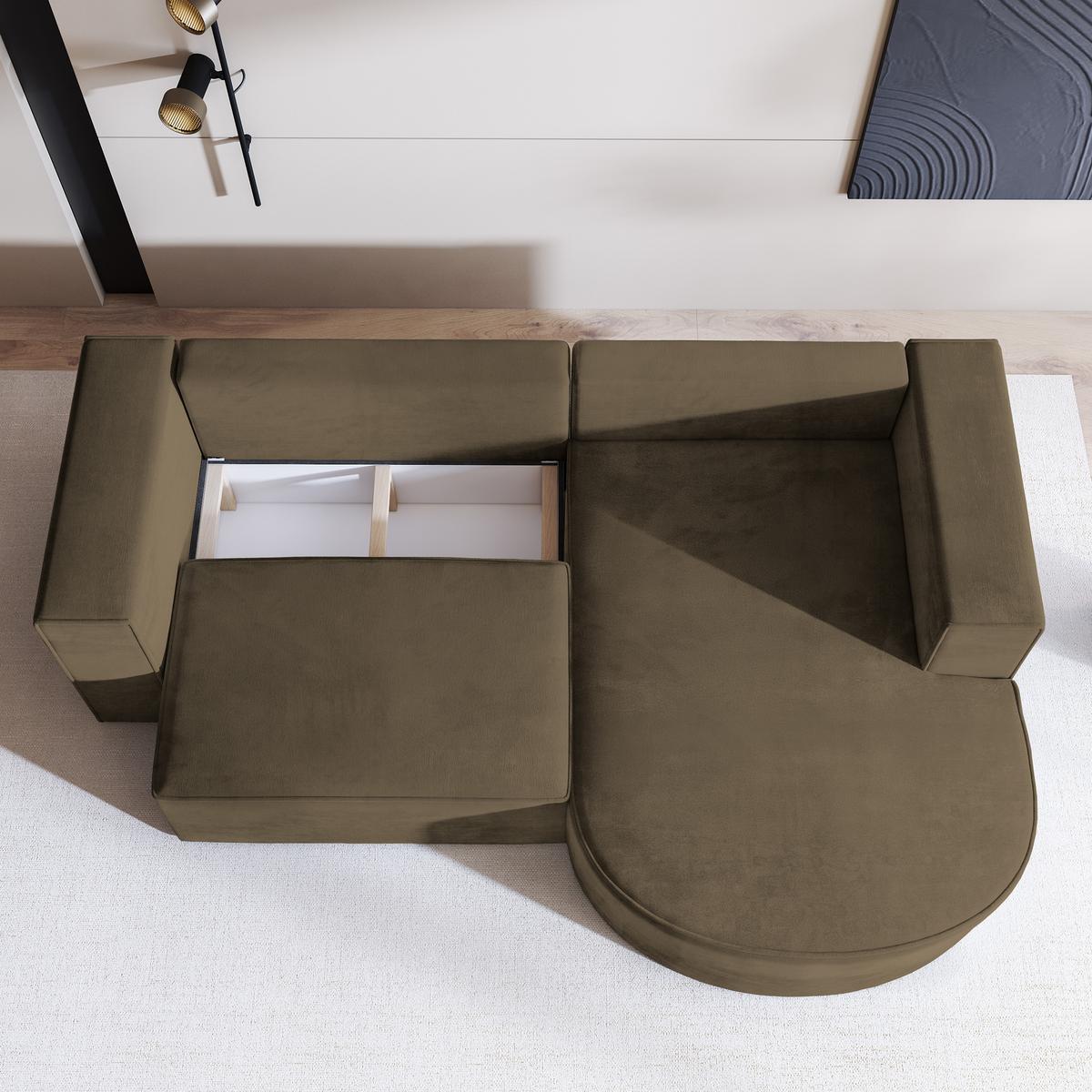 ECKSOFA SORELA M R-S Beige Velours-Stoff mit Schlaffunktion - Beige, Holz (263/174cm) - MASSENO