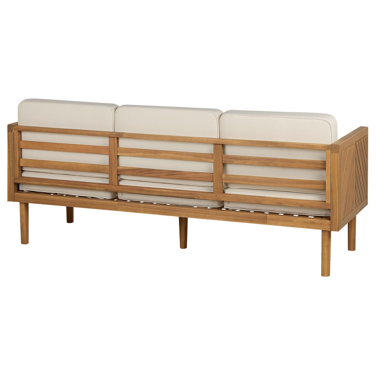 GARTENSOFA 3-Sitzer Akazienholz hellbraun Auflagen creme Baratti - Hellbraun/Weiß, Holz (179/76/65cm) - Beliani