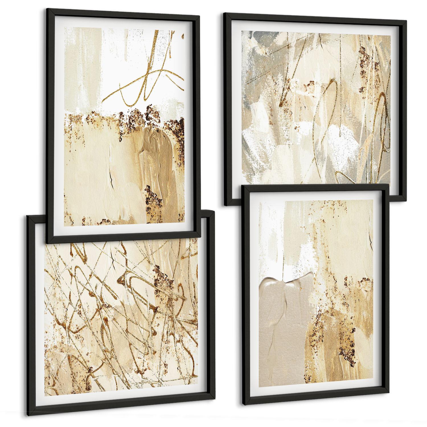 BILDER SET 4er Set - 50x50 cm & 40x60 cm Schwarzer Rahmen - Abstrakte Muster beige weiß - Schwarz, Kunststoff (50/50cm) - TULUP