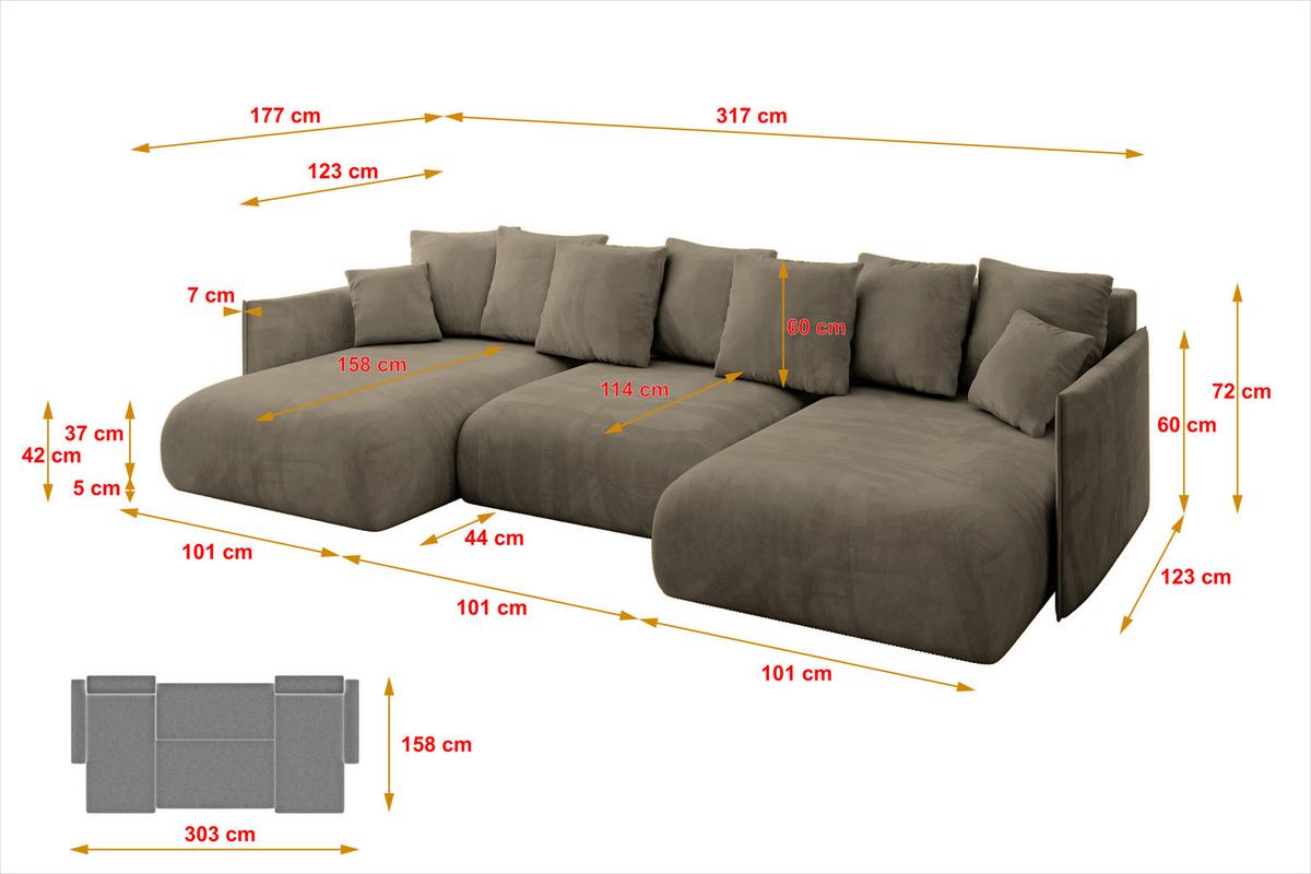 WOHNLANDSCHAFT mit Schlaffunktion und Bettkasten ONESK-U 317x177x72 Braun Velours - Braun, Holzwerkstoff/Kunststoff (317/72/177cm) - ALTDECOR