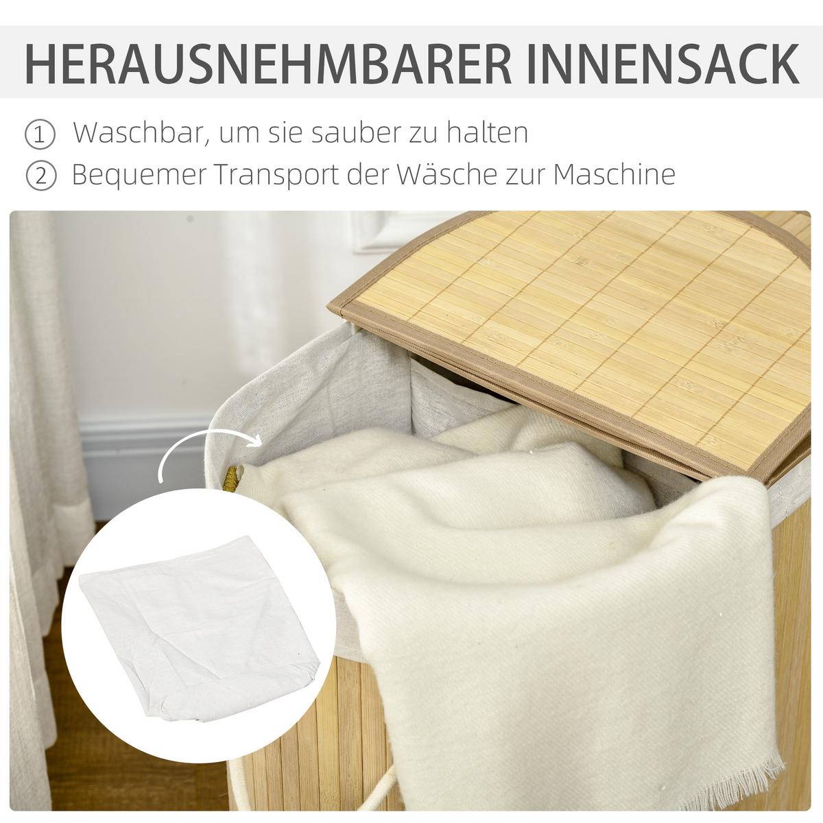 WÄSCHEKORB 100L Wäschebox mit Deckel, Griff, 2 Abschnitten Bambus Natur - Naturfarben, Naturmaterialien (37/60.5/62.5cm) - HOMCOM
